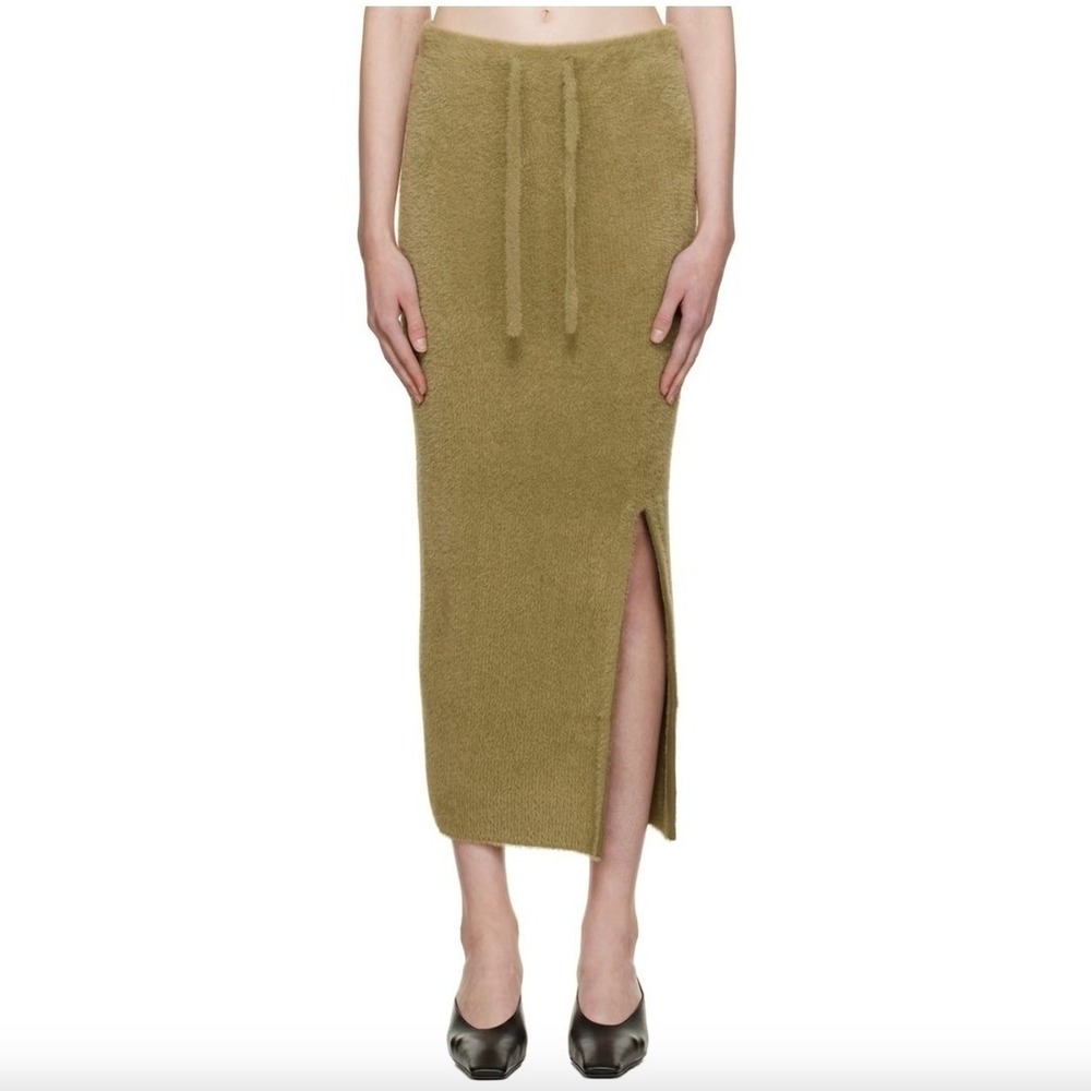 Ester Manas Olive Green‎ Fuzzy Knit Midi Skirt Slit One Size / Medium